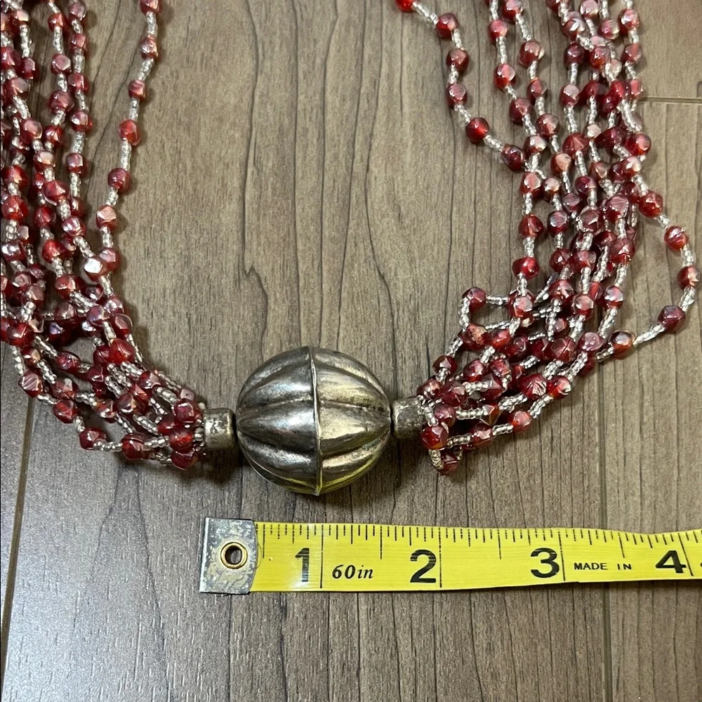 Multi-Strand Red Beaded Necklace with Silver Accent